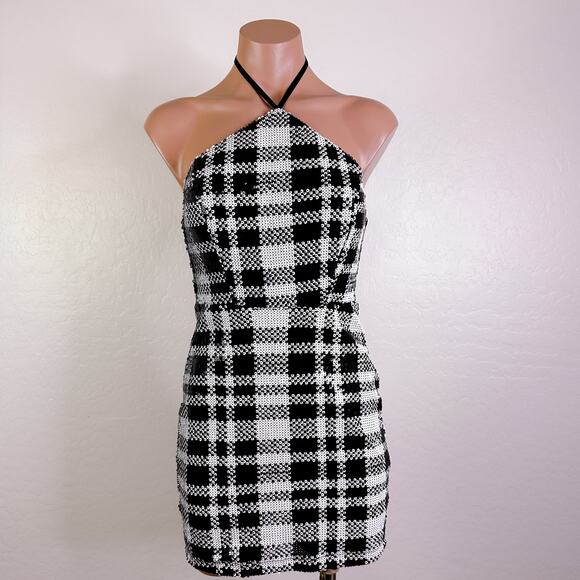 Dear Moon Plaid Sequin Tie Halter Mini Dress Retro Y2K HOCO Juniors 1 XS NWT - Picture 1 of 13